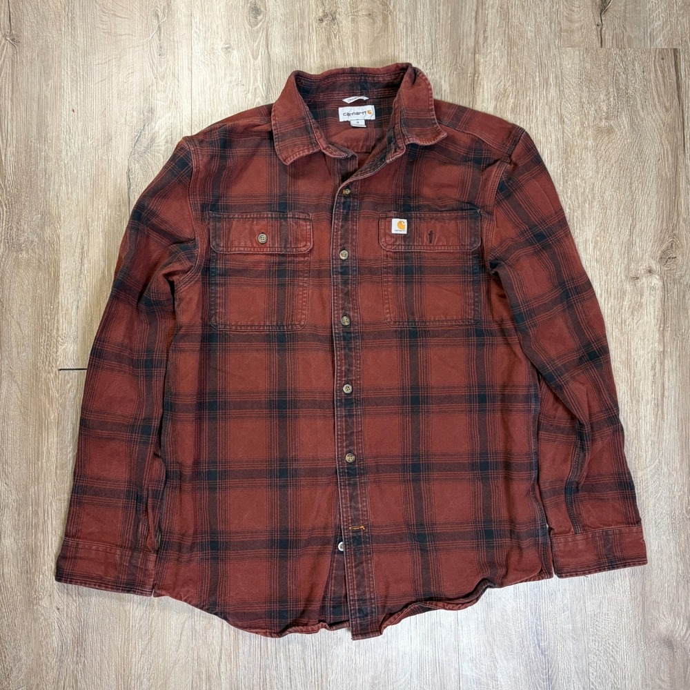 VTG Carhartt Flannel Red Brown Mens Medium Long Sleeve 100% Cotton Button Up